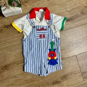Vintage Baby Togs Railroad Overalls Romper with Button Shirt - Size 4 T